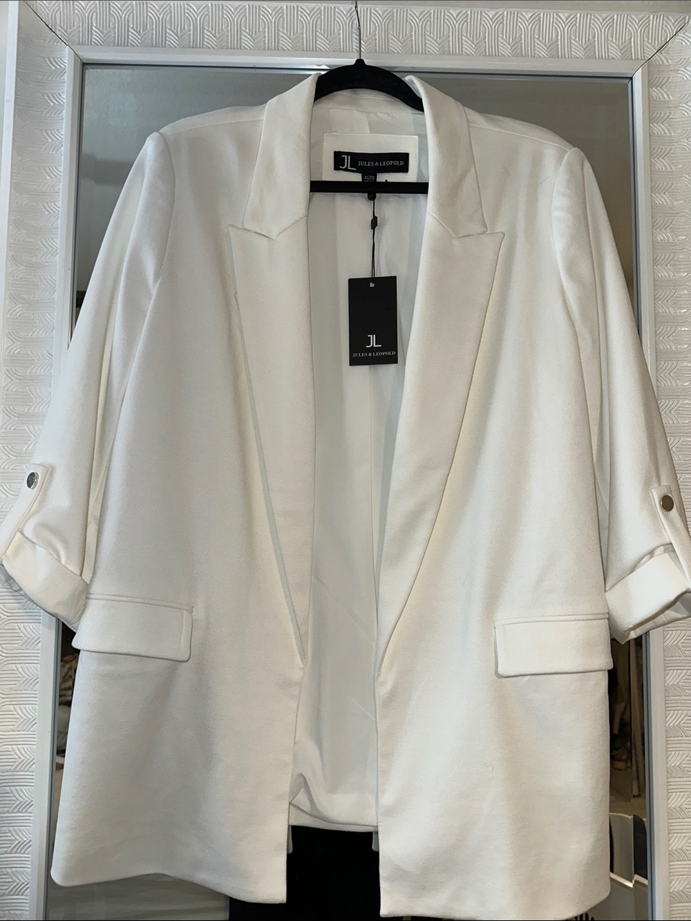 White Open-Front Blazer with Roll-Tab Sleeves | Jules & Leopold Cream